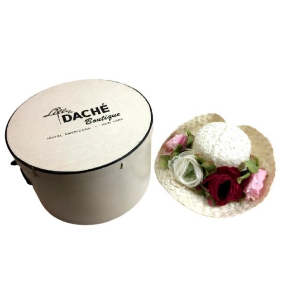 Vintage Union Made Straw Hat Red White Pink Roses in Dache Boutique Box 1960s main image 12